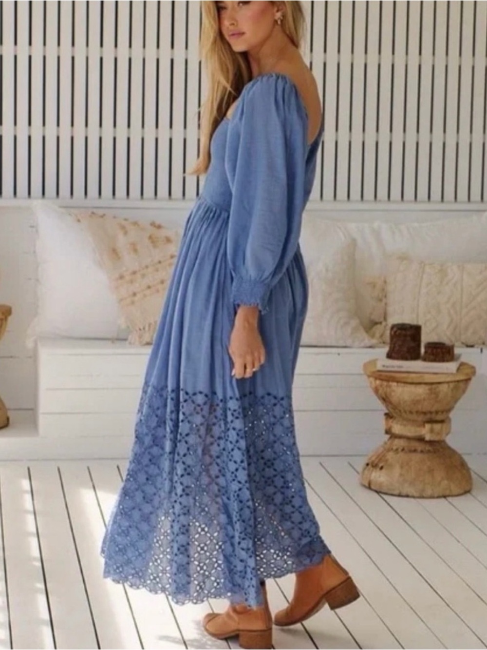 Free People perfect storm size S Blue Smocked Maxi Dress with Eyelet Hem - Picture 5 of 12